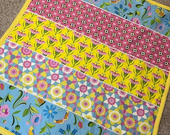 Floral blue and yellow Quilt with lace trim, 42" X  48"