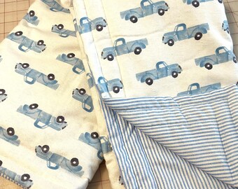 Cuddly Blue and White Pickup Truck, 5 piece Baby Quilt Set - Quilt, 2 Bibs & 2 Burp Cloths, Baby shower Gift set