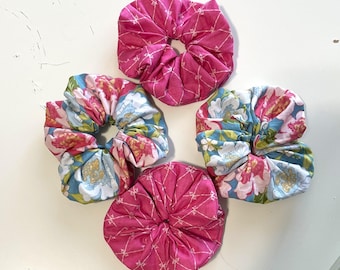 Blue and Pink floral Hair Scrunchie, pick your option