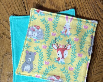 Reusable Wash Cloths Flannel Wash Cloths / Wipes, Flannel and Terry Cloth- set of 2, yellow woodland animals