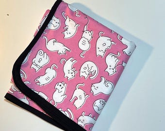 Pink and White Kitty Cats Flannel receiving blanket with black binding