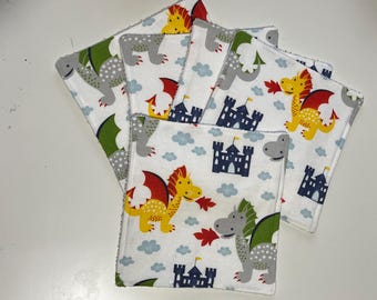 Reusable Wash Cloths Flannel Wash Cloths / Wipes, Flannel and Terry Cloth- set of 5, Dragon washcloths