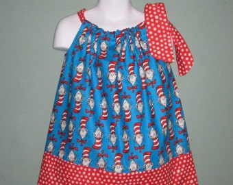 Blue Cat in the Hat Custom Pillowcase Dress, Sizes 3M to 6 Years