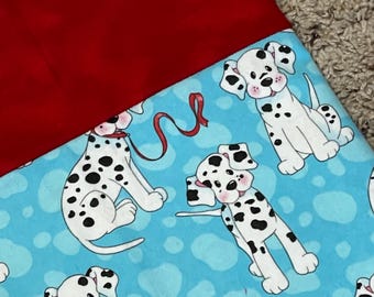 Dalmatian FLANNEL Pillowcase on Blue, with Red accent -  standard size pillowcase