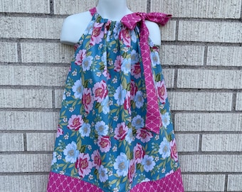 Blue and Pink Floral girls Pillowcase dress, Pink Bow Trim, Floral summer dress