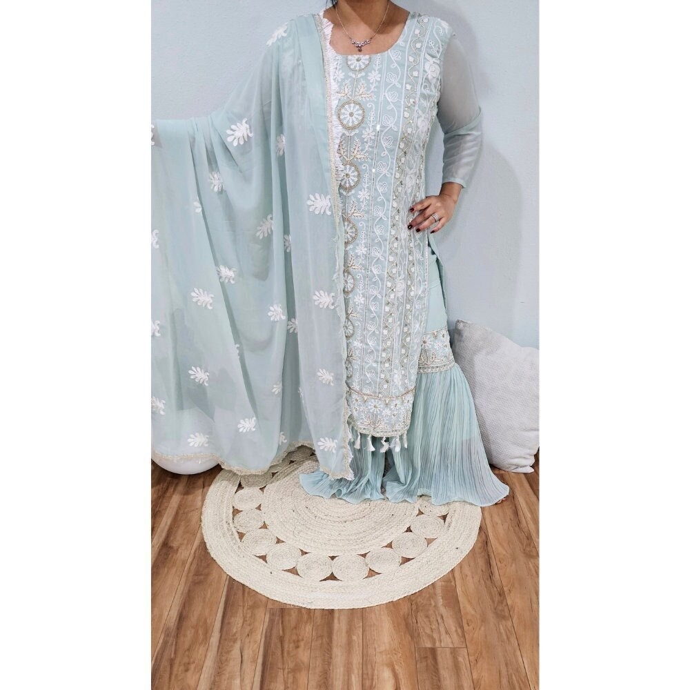 Affordable Blue Gharara 3-Piece Suit Set with Embroidered Kurti & Dupatta - Perfect for Festive Celebrations
