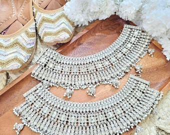 Bridal Polki Wide Anklet in Silver - Bridal Jewelry Payal, Indian Wedding Jewelry