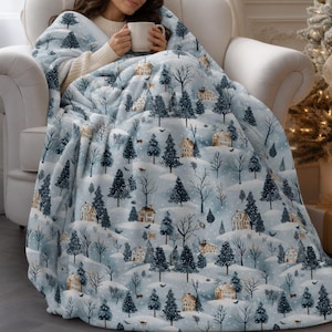 Winter Village Throw Blanket | Christmas Home Decor Sherpa Fleece or Velveteen Plush Throw | Cozy Reading Blanket