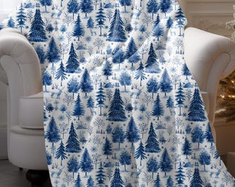 Christmas Fleece Sherpa Blanket, Cozy Winter Blanket, Blue Xmas Decor, Holiday Gift Fleece Throw, Christmas Gift Idea, Snowy Reading Blanket