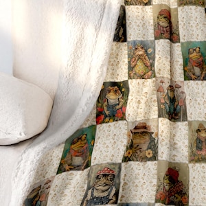 Cottagecore Frog Patchwork Blanket | Sherpa Fleece or Velveteen Plush Throw | Toads and Mushrooms | Quirky Amphibian Gift | Cozy Home Décor