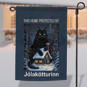 Yule Cat Flag | Icelandic Jólakötturinn Folklore Holiday Decor | Gothic Christmas Yard Sign | Double Sided Outdoor Flag | Gift for Cat Lover