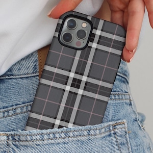 Gray Pink Tartan Plaid Phone Case | Classic Winter Check Cover | iPhone 17 16 15 14 Air Pro Max Plus Magsafe Samsung Galaxy S26 S25 S24 S23