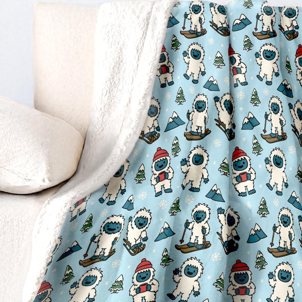 Winter Sledding Yeti Blanket | Skiing Abominable Snowman Velveteen Plush or Sherpa Fleece Throw | Holiday Gift for Kids, Teens & Snow Lovers