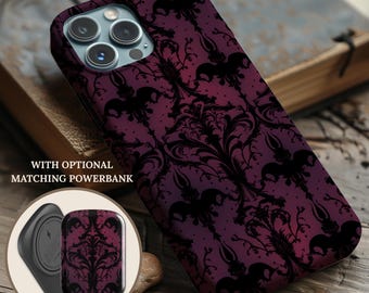 Gothic Phone Case, Burgundy and Purple Damask Design, Bats and Floral Elements, Victorian Haunted, Tough Case, Dark Academia, Dark Romance