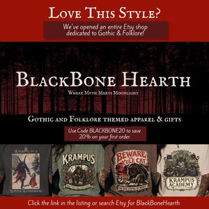 May include: A promotional banner for BlackBone Hearth featuring four t-shirts with graphic prints. The shirts display illustrations of Krampus, the Yule Cat, and Krampus Academy. Text includes Love This Style, BlackBone Hearth, and discount codes.