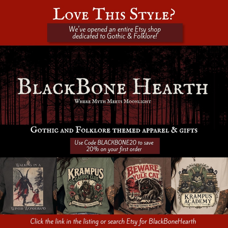 May include: A promotional banner for BlackBone Hearth featuring four t-shirts with graphic prints. The shirts display illustrations of Krampus, the Yule Cat, and Krampus Academy. Text includes Love This Style, BlackBone Hearth, and discount codes.