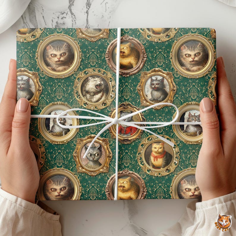 Funny Cats Wrapping Paper Holiday Gift Wrap | Quirky Animal Portraits for Pet Lover | Vintage Green Damask Weirdcore Art