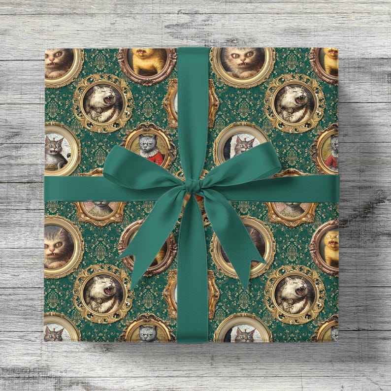 Funny Cats Wrapping Paper Holiday Gift Wrap | Quirky Animal Portraits for Pet Lover | Vintage Green Damask Weirdcore Art