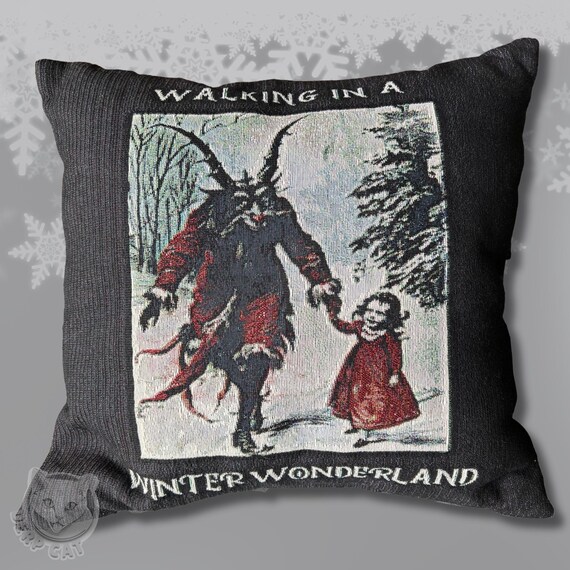 Krampus Woven Christmas Pillow | Walking in a Winter Wonderland Gothic Holiday Decor | Weirdcore Dark Xmas Winter Pillow Gift