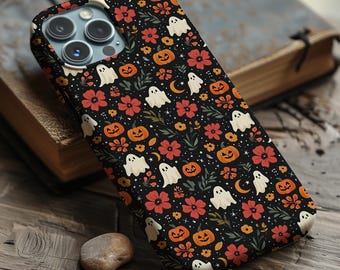 Halloween Phone Case | Fall Ghosts & Pumpkins Floral Cover for Magsafe iPhone Samsung Galaxy and Pixel Phones | Autumn Spooky Season Gift