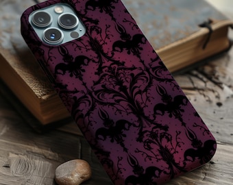 Funda gótica para teléfono, diseño de damasco burdeos y morado, murciélagos y elementos florales, estilo victoriano embrujado, carcasa resistente, Dark Academia, romance oscuro