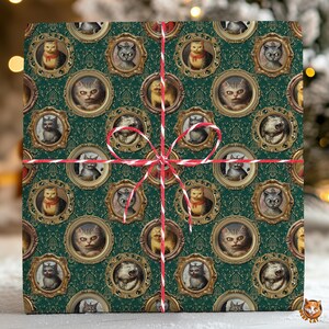 Funny Cats Wrapping Paper Holiday Gift Wrap | Quirky Animal Portraits for Pet Lover | Vintage Green Damask Weirdcore Art