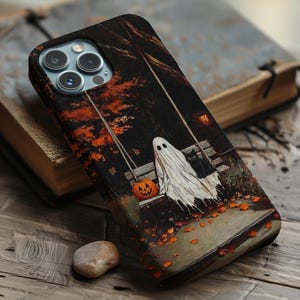 Ghost with Black Cat on Swing Phone Case | Spooky Cute Halloween Magsafe Cover for iPhone Samsung Galaxy Google Pixel