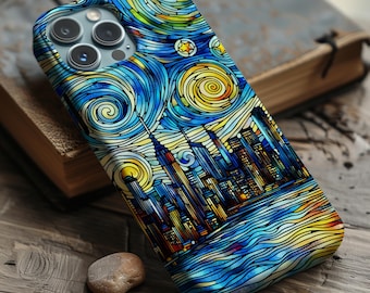 Stained Glass New York City Phone Case | Van Gogh Starry Night | Magsafe iPhone 17 16 15 14 Pro Max Plus Samsung Galaxy S26 S25 S24 S23 S22