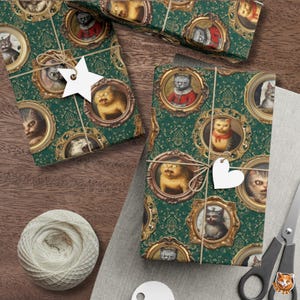Funny Cats Wrapping Paper Holiday Gift Wrap | Quirky Animal Portraits for Pet Lover | Vintage Green Damask Weirdcore Art