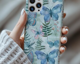 Blue Watercolor Butterflies Phone Case | Spring Garden Cover | iPhone 17 16 15 14 Pro Max Plus Magsafe Samsung Galaxy S26 S25 S24 S23 S22