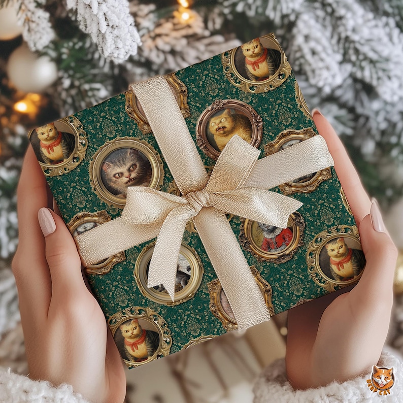 Funny Cats Wrapping Paper Holiday Gift Wrap | Quirky Animal Portraits for Pet Lover | Vintage Green Damask Weirdcore Art