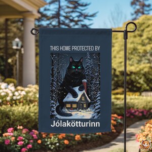 Yule Cat Flag | Icelandic Jólakötturinn Folklore Holiday Decor | Gothic Christmas Yard Sign | Double Sided Outdoor Flag | Gift for Cat Lover