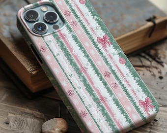 Vintage Pink Christmas Phone Case | Retro Pastel Stripes Xmas Cover iPhone 17 16 15 14 13 Air Pro Max Plus Samsung Galaxy S26 S25 S24 S23 22