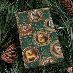 Funny Cats Wrapping Paper Holiday Gift Wrap | Quirky Animal Portraits for Pet Lover | Vintage Green Damask Weirdcore Art