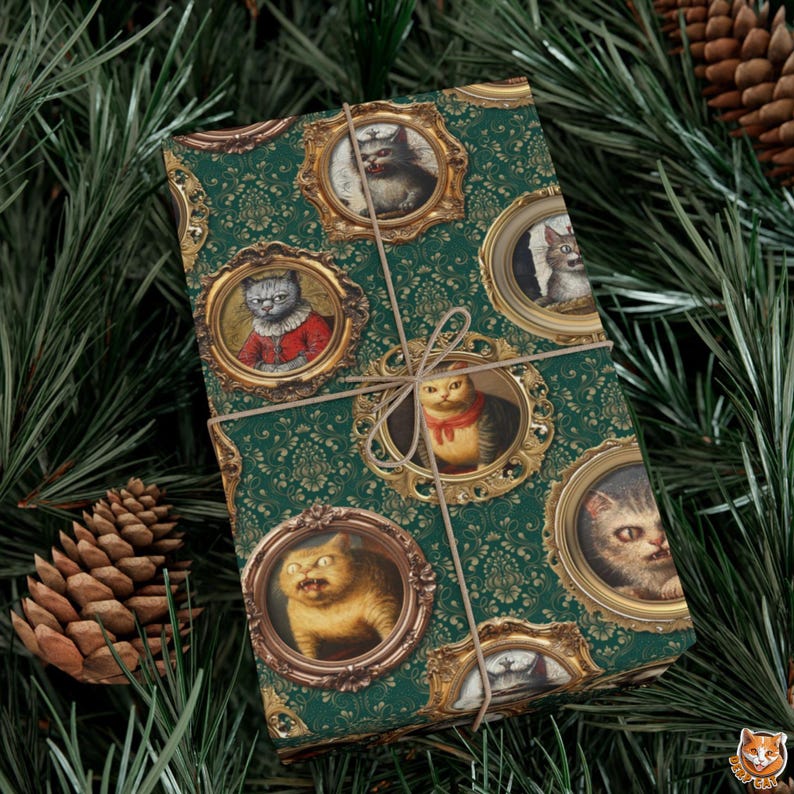Funny Cats Wrapping Paper Holiday Gift Wrap | Quirky Animal Portraits for Pet Lover | Vintage Green Damask Weirdcore Art