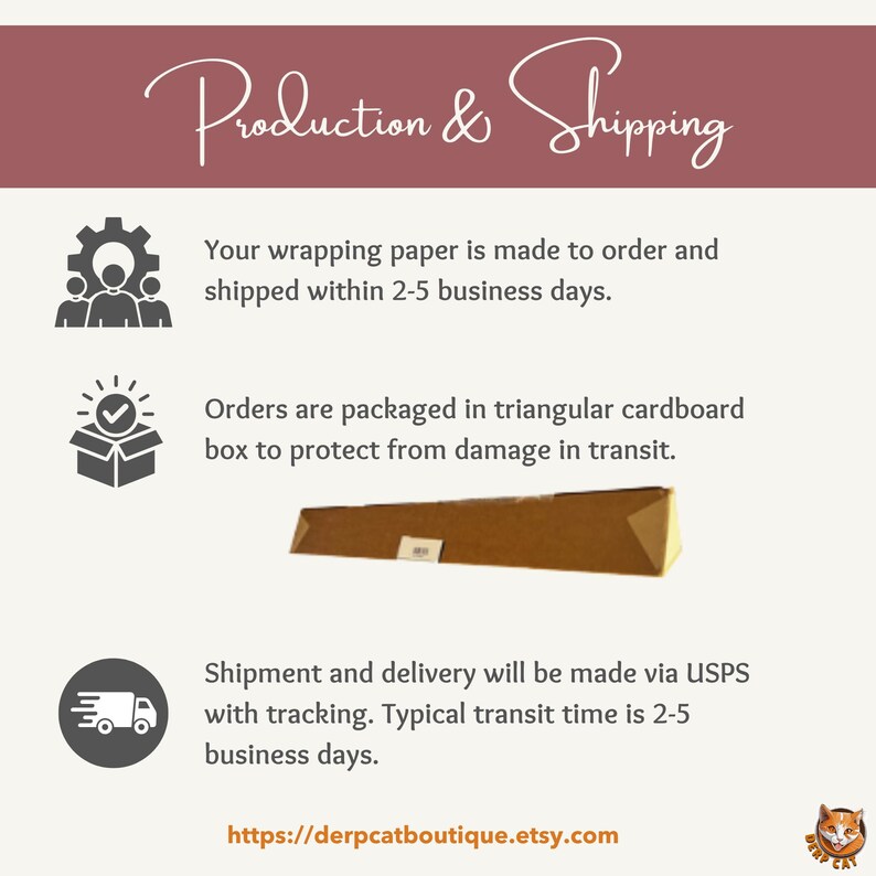 Puede incluir: Imagen con texto "Production & Shipping" y detalles sobre papel de regalo, embalaje y env&iacute;o a trav&eacute;s de USPS. Se muestra una caja de cart&oacute;n triangular. Se incluye la URL de la tienda de Etsy.