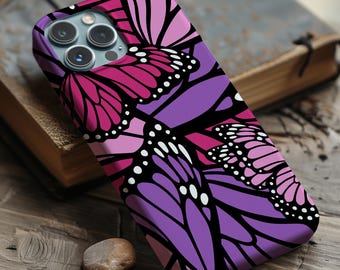 Funda para teléfono con mariposas rosas y moradas / Funda MagSafe con resorte abstracto vibrante para iPhone, Samsung Galaxy y Google Pixel