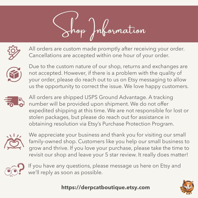 Puede incluir: Gr&aacute;fico de color granate con las palabras "Shop Information" en fuente cursiva. El texto proporciona detalles sobre pedidos personalizados, devoluciones, env&iacute;os y servicio al cliente. Tambi&eacute;n se incluye la URL de la tienda Etsy.