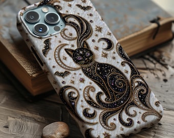 Funda para teléfono de Halloween con gato negro / Funda Magsafe con mosaico de imitación de brillo estilo bruja para iPhone, Samsung Galaxy y Google Pixel