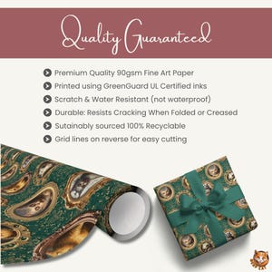 Funny Cats Wrapping Paper Holiday Gift Wrap | Quirky Animal Portraits for Pet Lover | Vintage Green Damask Weirdcore Art