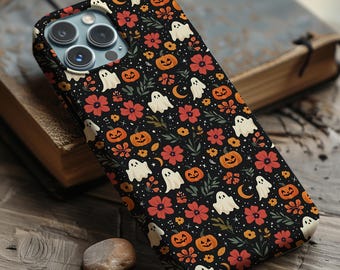 Halloween Phone Case | Fall Ghosts & Pumpkins Floral Cover for Magsafe iPhone Samsung Galaxy and Pixel Phones | Autumn Spooky Season Gift