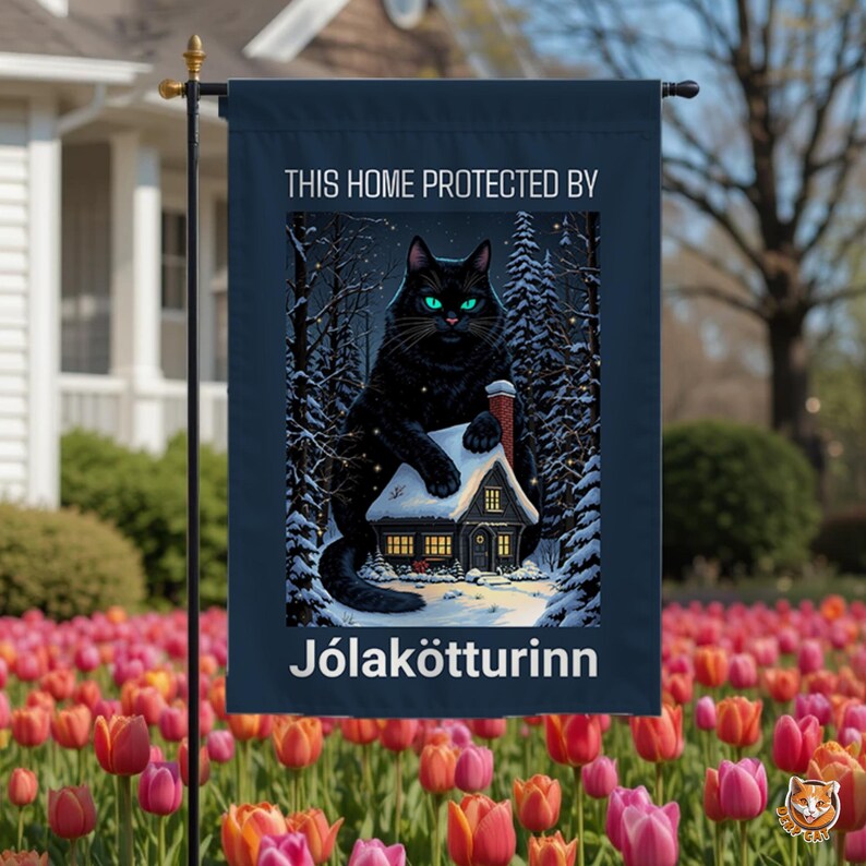 Yule Cat Flag | Icelandic Jólakötturinn Folklore Holiday Decor | Gothic Christmas Yard Sign | Double Sided Outdoor Flag | Gift for Cat Lover