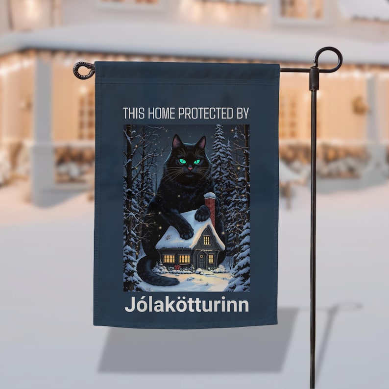 Yule Cat Flag | Icelandic Jólakötturinn Folklore Holiday Decor | Gothic Christmas Yard Sign | Double Sided Outdoor Flag | Gift for Cat Lover