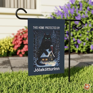 Yule Cat Flag | Icelandic Jólakötturinn Folklore Holiday Decor | Gothic Christmas Yard Sign | Double Sided Outdoor Flag | Gift for Cat Lover