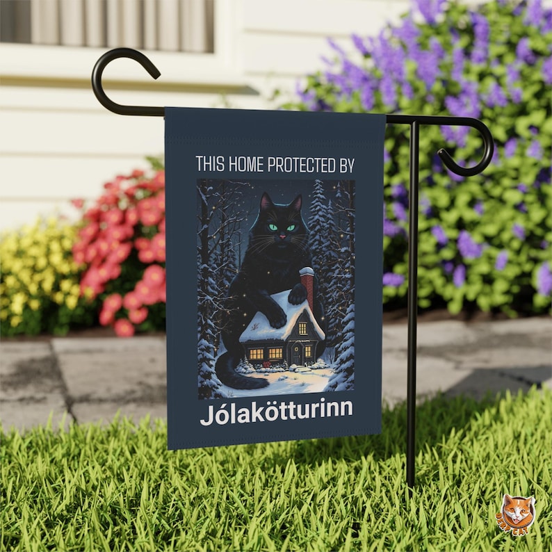 Yule Cat Flag | Icelandic Jólakötturinn Folklore Holiday Decor | Gothic Christmas Yard Sign | Double Sided Outdoor Flag | Gift for Cat Lover