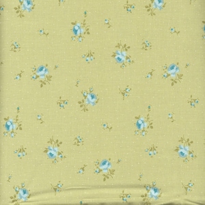 May include: A yellow fabric with a repeating pattern of small blue flowers. The fabric has a subtle texture.