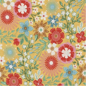 May include: A yellow background with a repeating pattern of colorful flowers. The flowers are in various shapes and sizes, including circles, stars, and swirls. The flowers are in shades of red, pink, blue, and green.