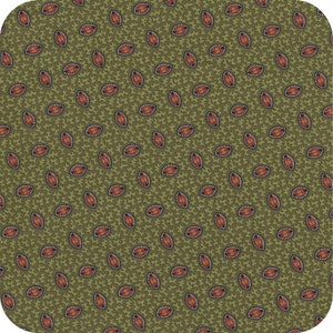 May include: A green fabric with a repeating pattern of small, red, and black oval shapes.