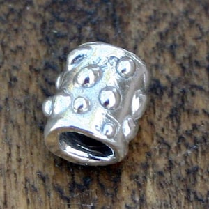 May include: A silver bead with a textured surface and a row of small, raised dots around the circumference.