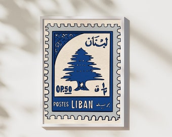 Lebanese Stamp Art Print: Vintage Blue Cedar Tree (Digital Download)